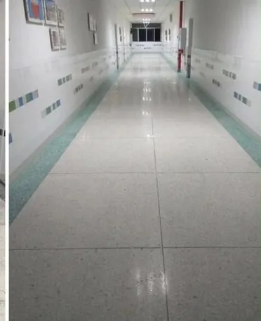Derselbe Klinikflur nach der Grundreinigung: spiegelnder, gleichmäßig sauberer Belag.