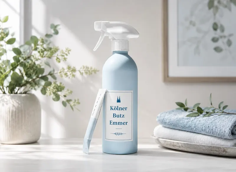 Sprühflasche mit dem Etikett „Kölner Butz Emmer“ auf einer hellen Ablage, daneben frische Handtücher und ein Zweig.