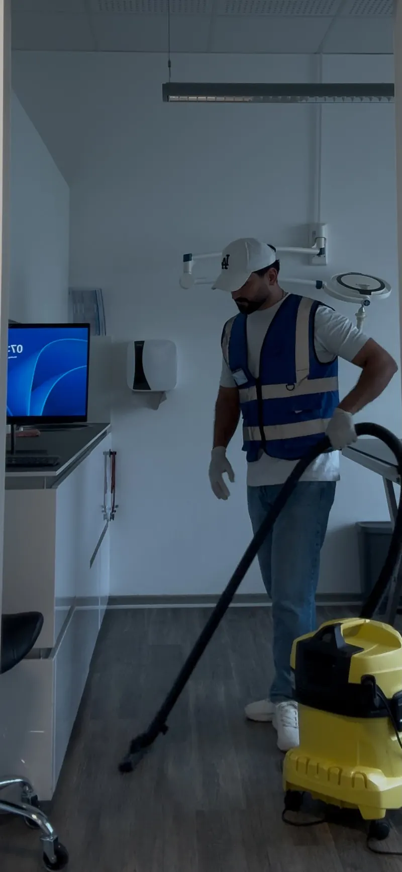Mitarbeiter saugt mit einem Nasssauger den Boden eines hellen Praxisraums neben einem Bildschirmarbeitsplatz.